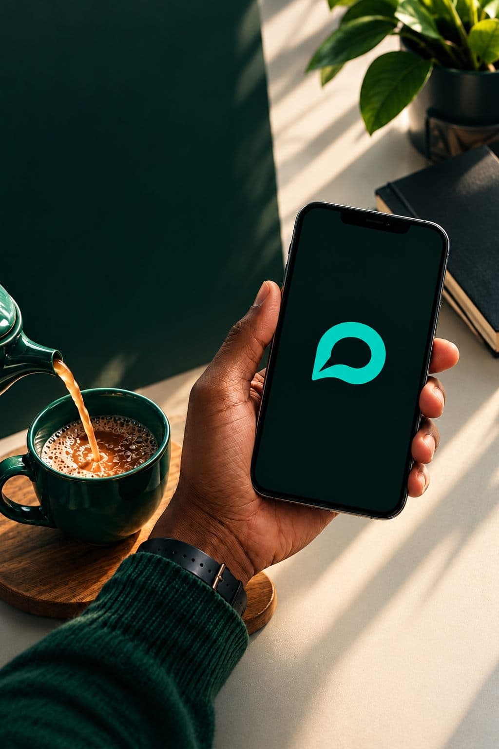 A hand holding a phone next to a coffee cup